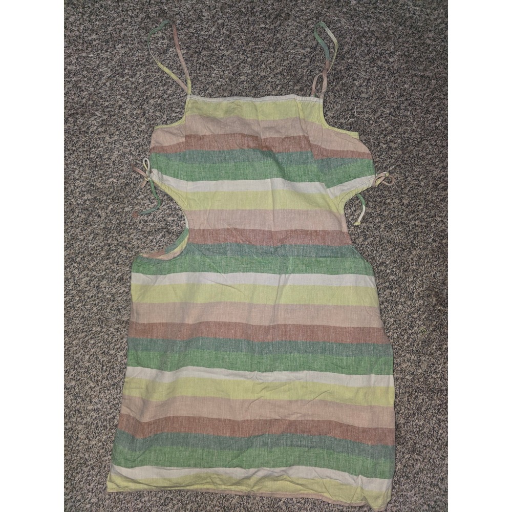 Aerie Striped Linen Blend Cutout Mini Dress Green Tan Small Tie Side Smocked